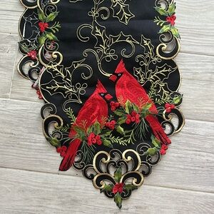 Holiday embroidered cardinal holly berry black gold table runner Christmas 67x12